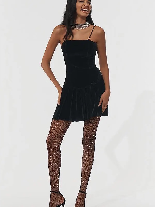 Nwot Drop Waist Black Velvet Spaghetti Strap Mini Dress